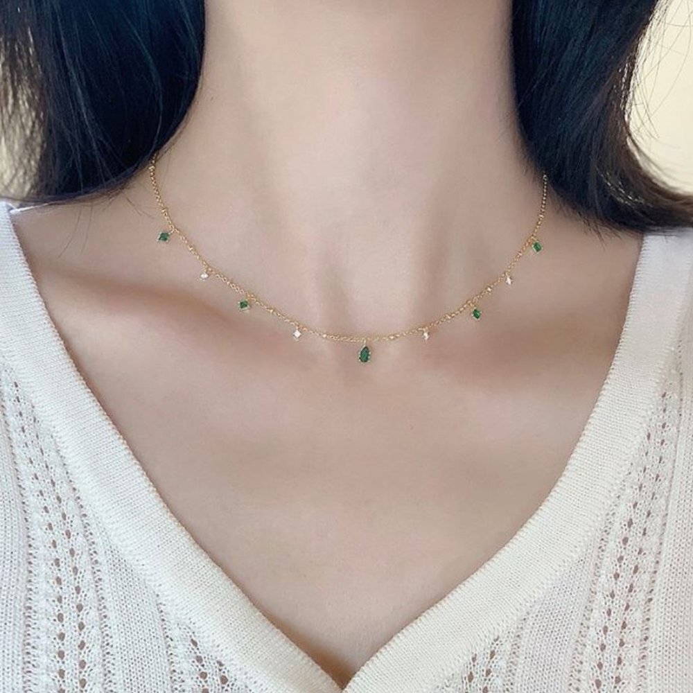 Delicate Gold Chain Necklace with Green Gem Accents